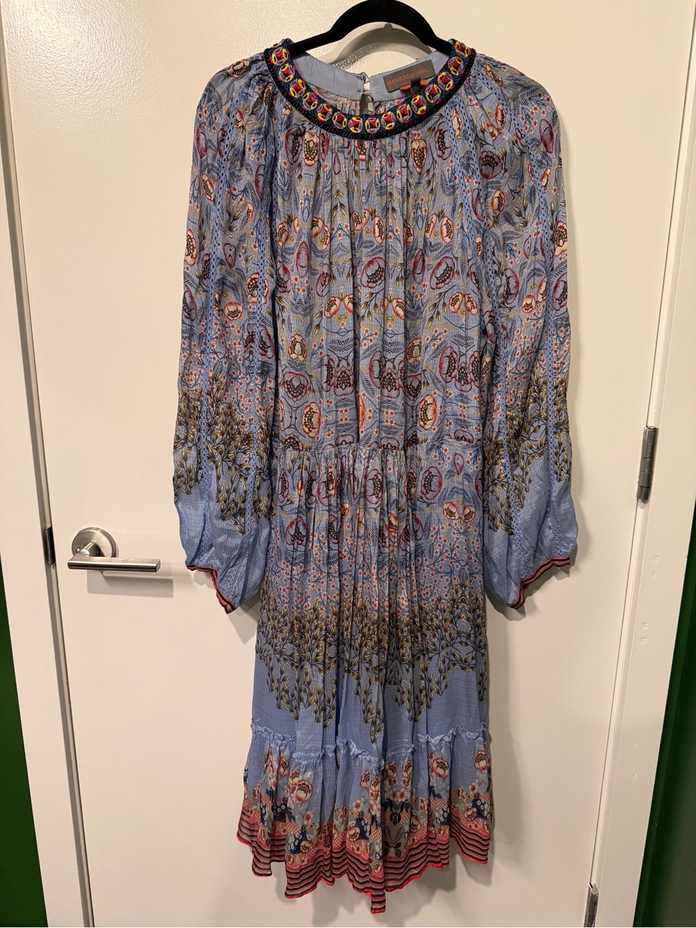 Anthropologie Long Sleeve Floral-Print Midi Dress with Embroidered Neckline